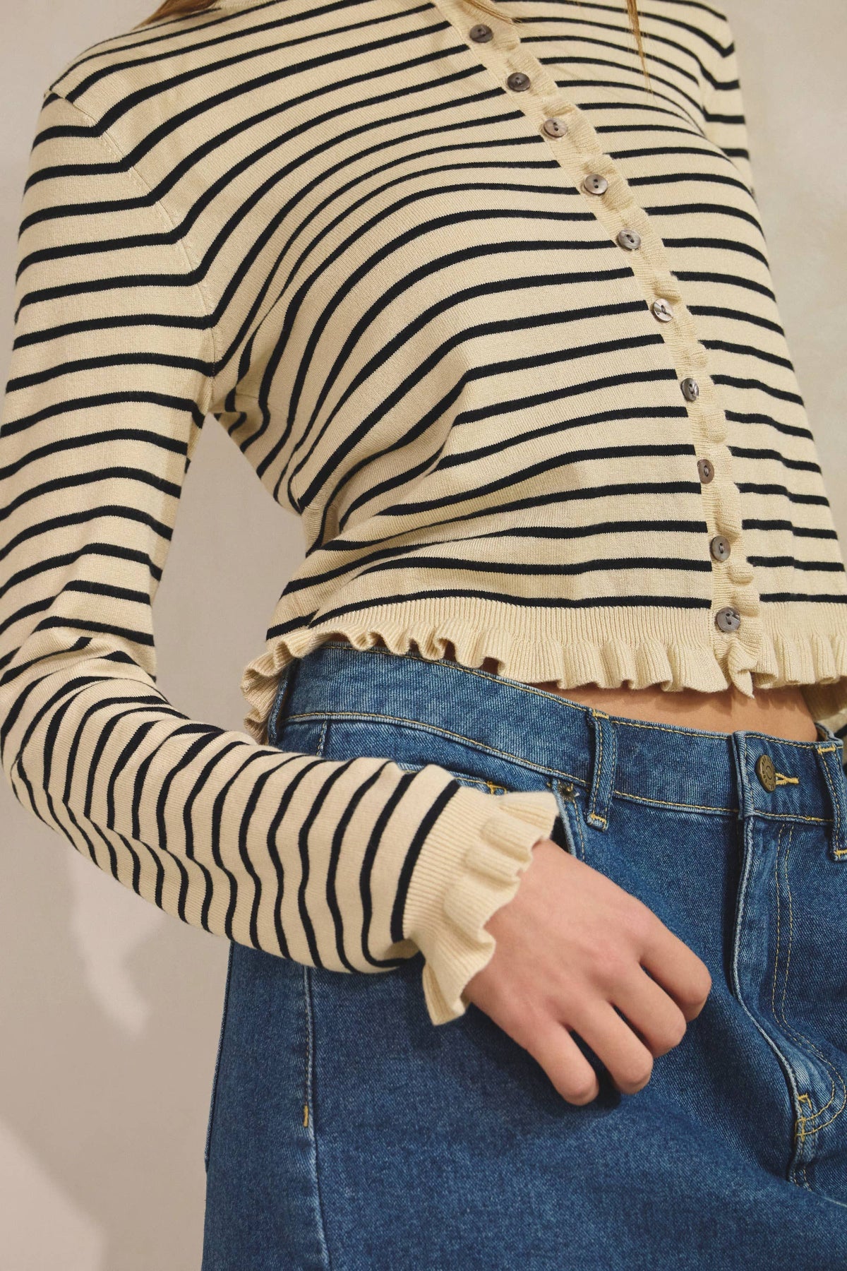Striped Ruffle Wave Button Knit Cardigan