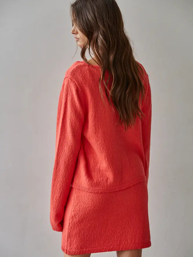 Knit Sweater Cotton V-Neck Cardi in Tomato Red