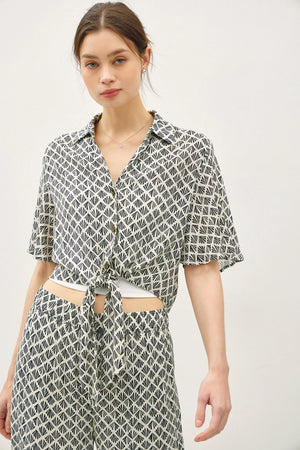 Cici Short Sleeve Black Button Down with Tie Detail