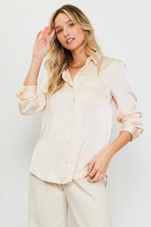 Long Sleeve Satin Button Down Shirt With Pocket