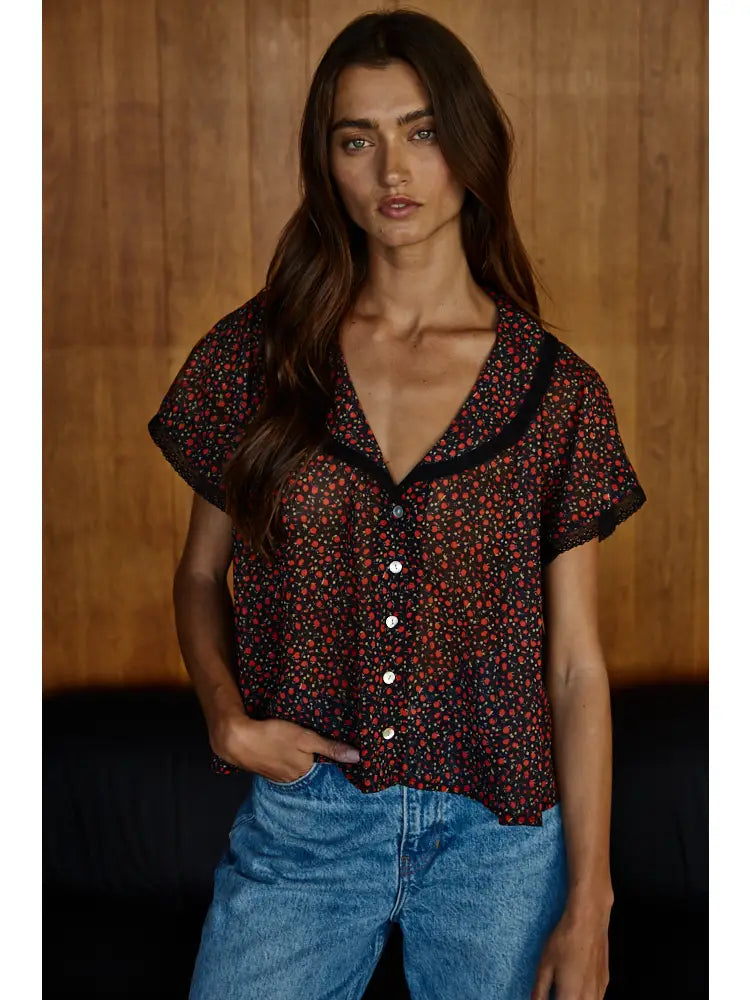 Woven Polyester Floral Print Collared Top