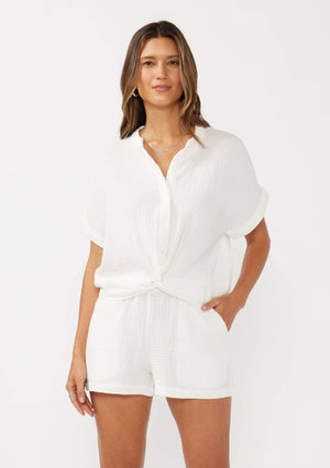 Celestia Dropped Shoulder Knot Front Button-Down Top
