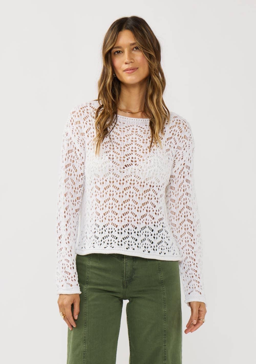 Long Sleeve Drop Shoulder Crochet Knit Crop Top