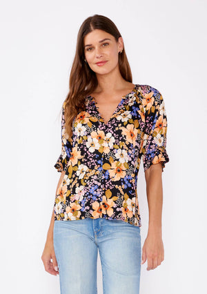 Sienna Split V-Neck Smocked Sleeve Top