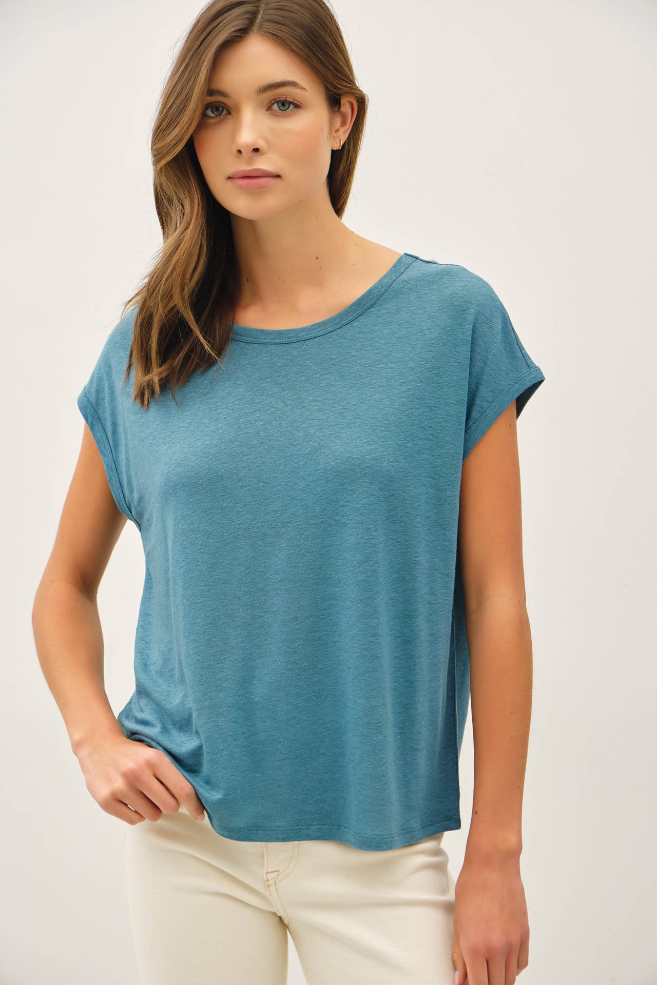 Linen Blended Basic Cap Sleeve Boxy Tee