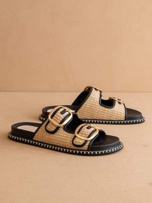 The Daytona Black Two-Tone Raffia Gold Buckle Sandal