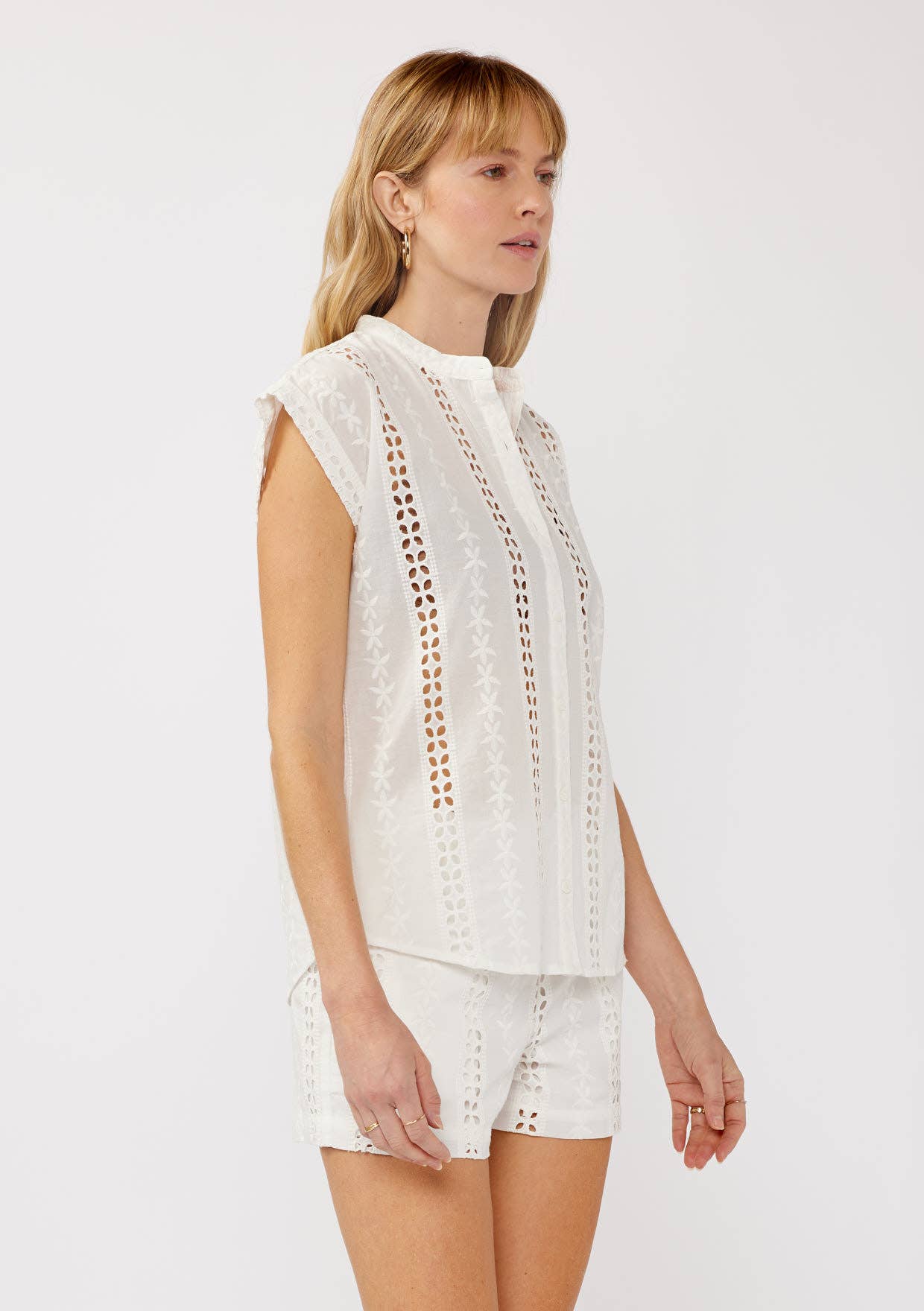 Florence Floral Eyelet Mandarin Collar Camp Shirt