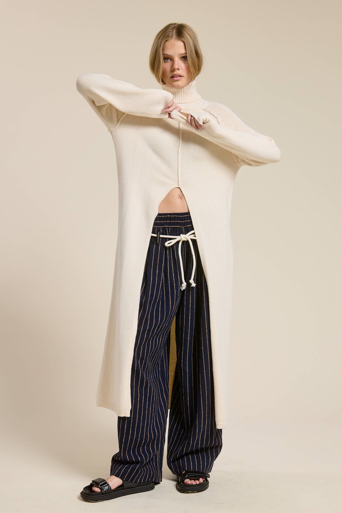 Ribbed Turtleneck Tunic Sweater Dress with Slit