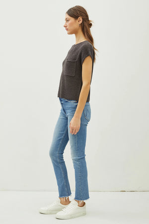 Patch Pocket Dolman Cap Sleeve Boxy Knit Sweater