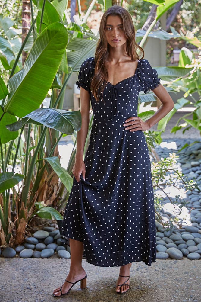 Polka Dot Print Black Smocked Dress