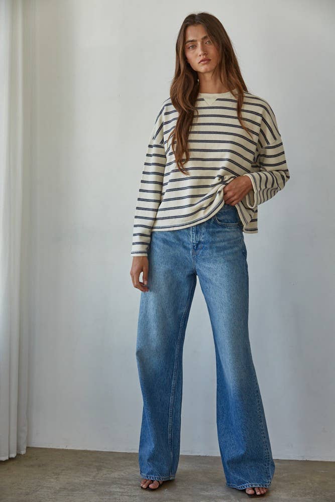 Knit Cotton Navy Striped Crew Neck Long Sleeve Pullover