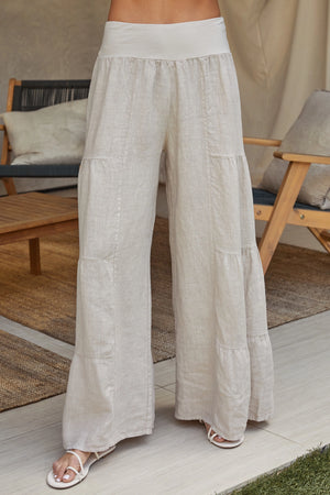 Linen Tiered Palazzo Pant in Beige