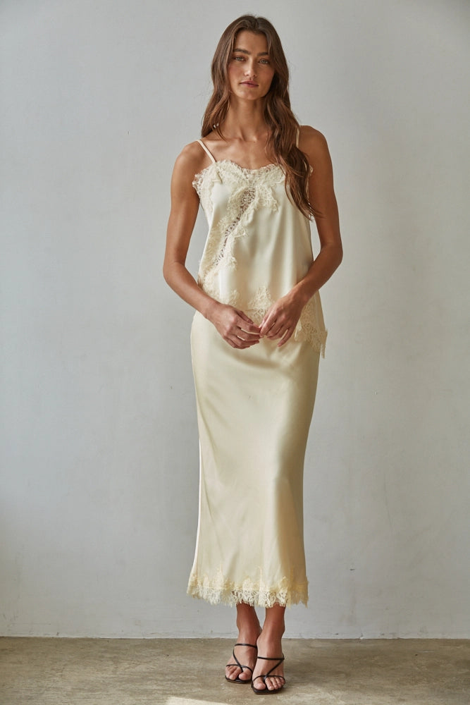 Woven Satin Midi Yellow Lace Skirt