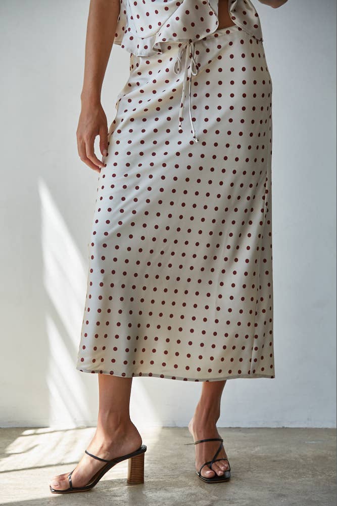 Satin Polka Dot Print Midi Skirt
