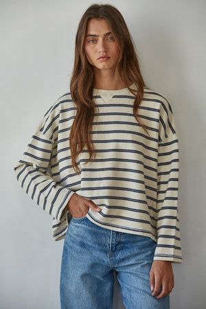 Knit Cotton Striped Crew Neck Long Sleeve Pullover