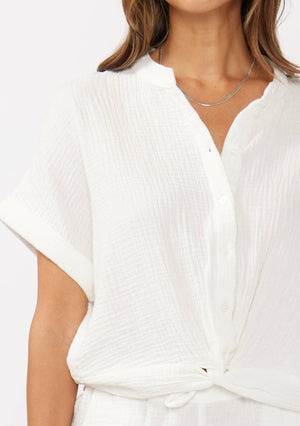 Celestia Dropped Shoulder Knot Front Button-Down Top