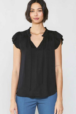 PLEATED BLOUSE W/ RUFFLED NECK