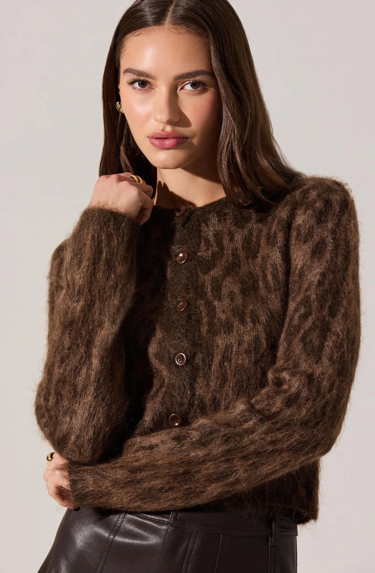 ASTR THE LABEL Katria Brown Cheetah Cardigan Sweater
