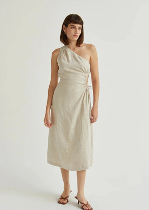 Aura One Shoulder Flax Linen Midi Dress