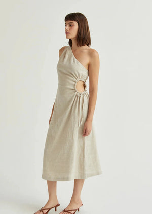 Aura One Shoulder Flax Linen Midi Dress