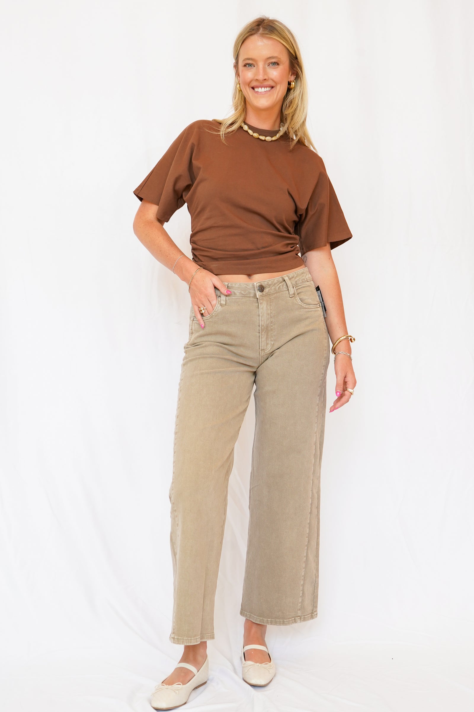 KUT Meg High Rise Wide Leg Side Panel Jean in Milk Tea