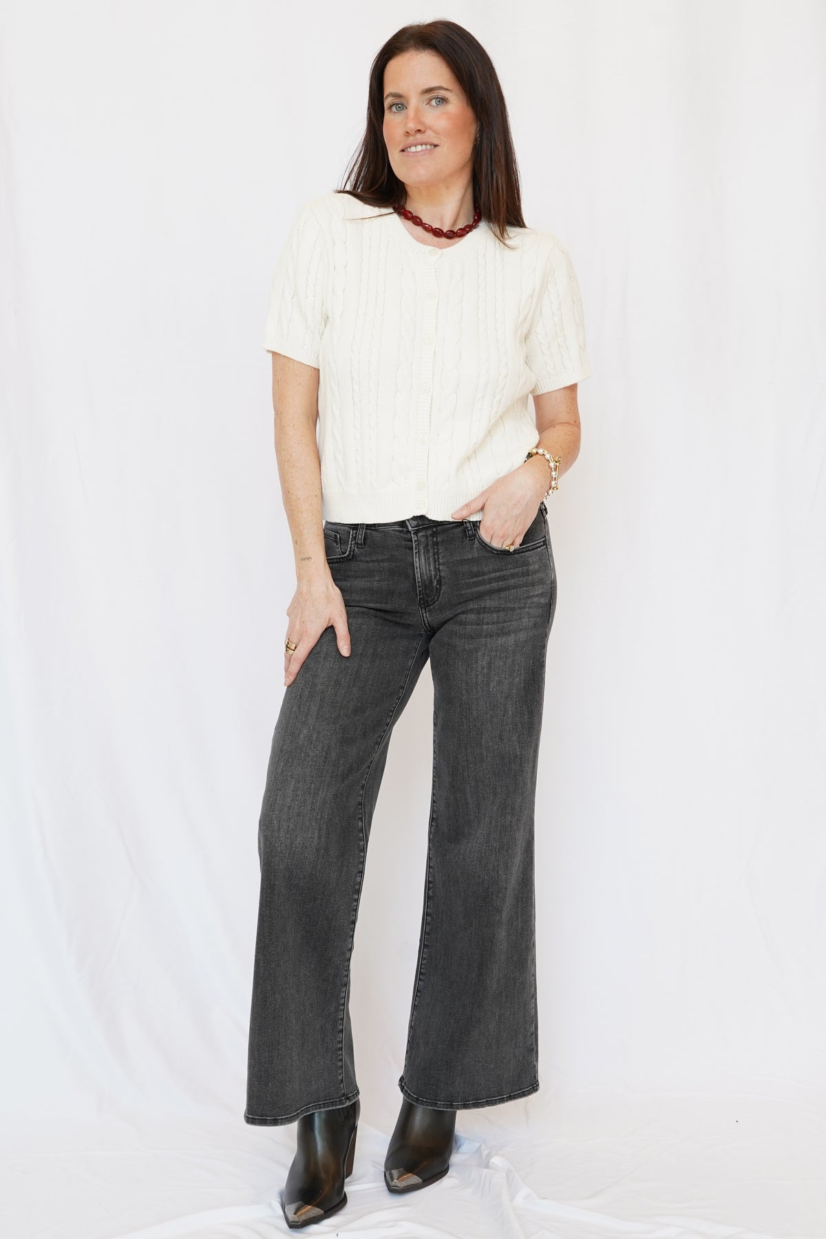 Wide Flare Leg Washed Black Jeans