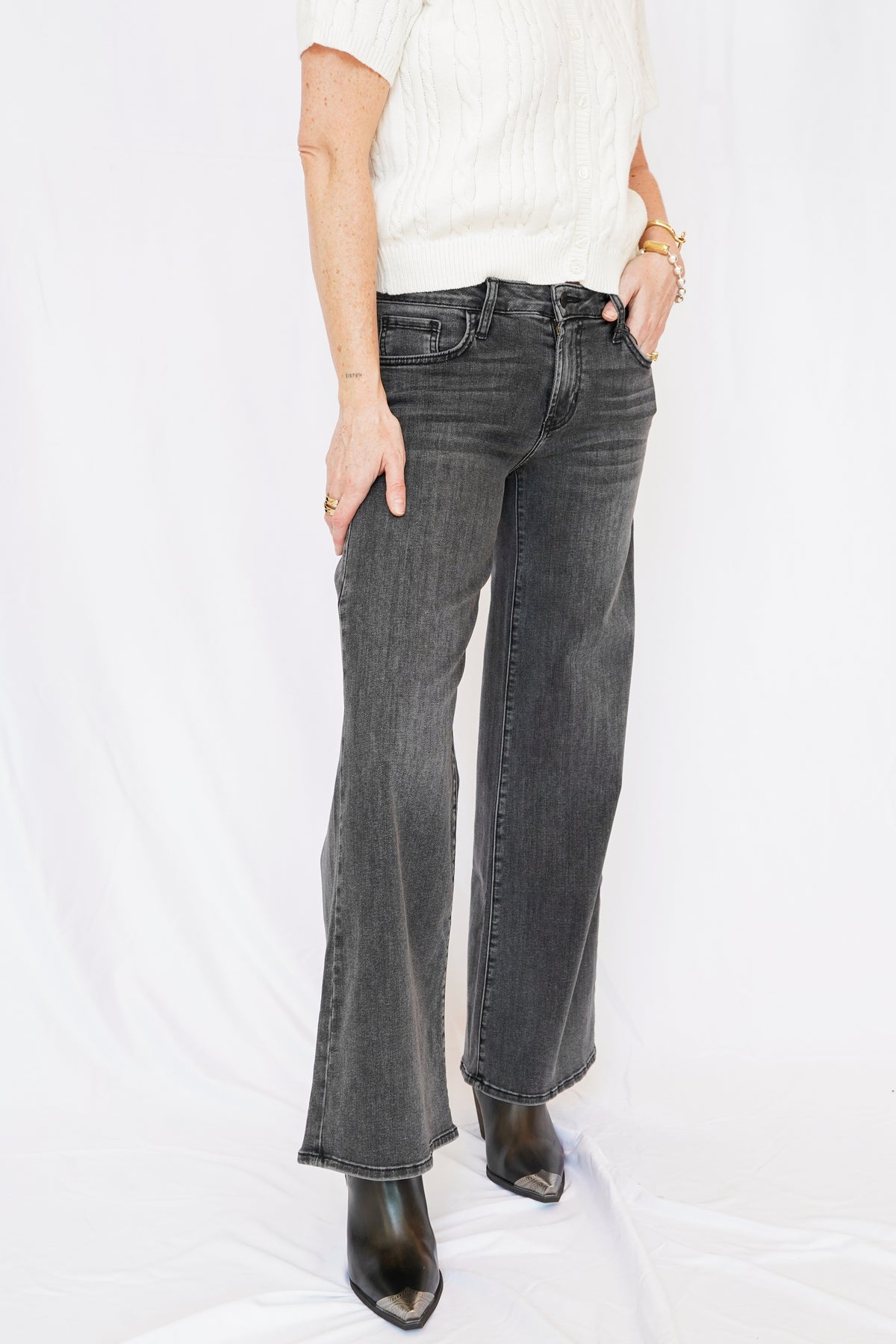 Wide Flare Leg Washed Black Jeans