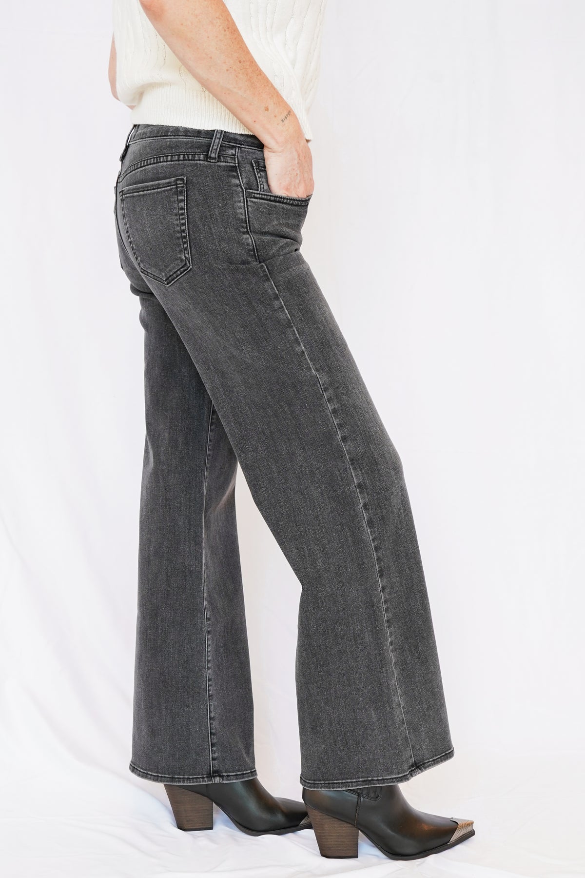 Wide Flare Leg Washed Black Jeans
