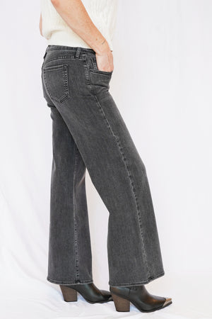 Wide Flare Leg Washed Black Jeans