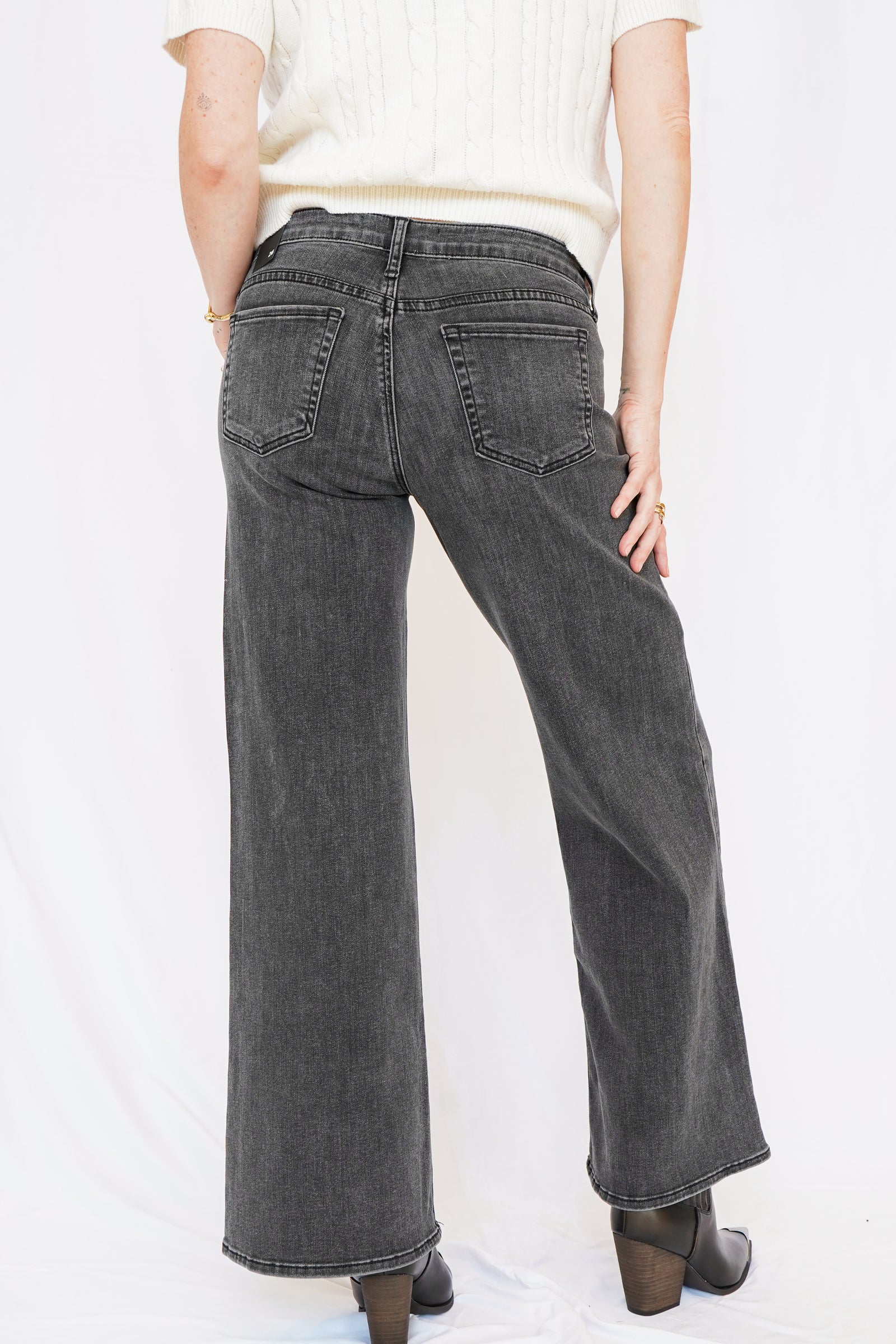 Wide Flare Leg Washed Black Jeans