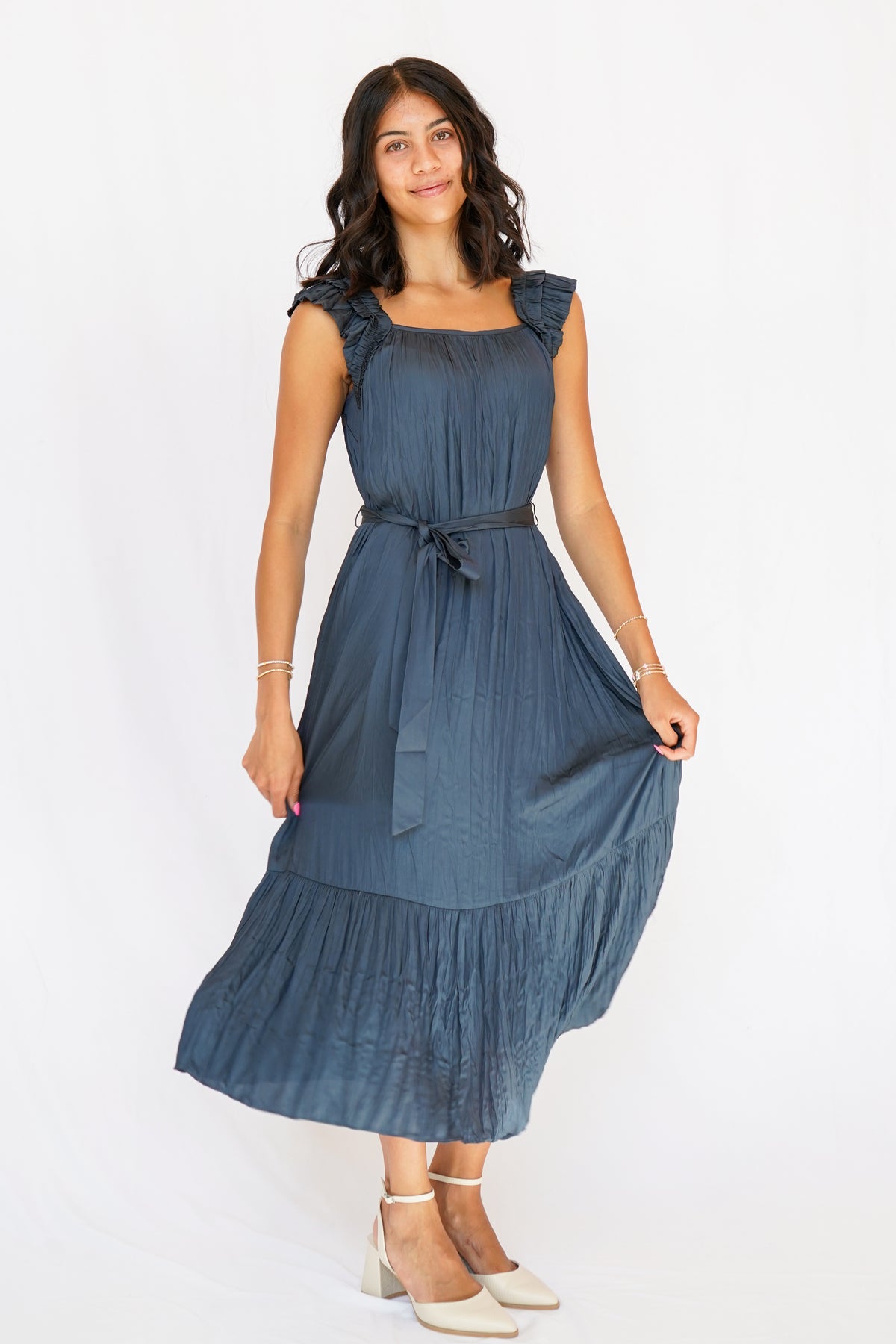 Double Layer Ruffle Sleeve Crinkle Dress