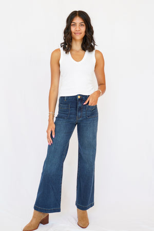 KUT Meg High Rise Wide Leg Front Pockets Inset Raw Hem Jeans in Adorably
