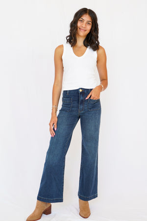 KUT Meg High Rise Wide Leg Front Pockets Inset Raw Hem Jeans in Adorably