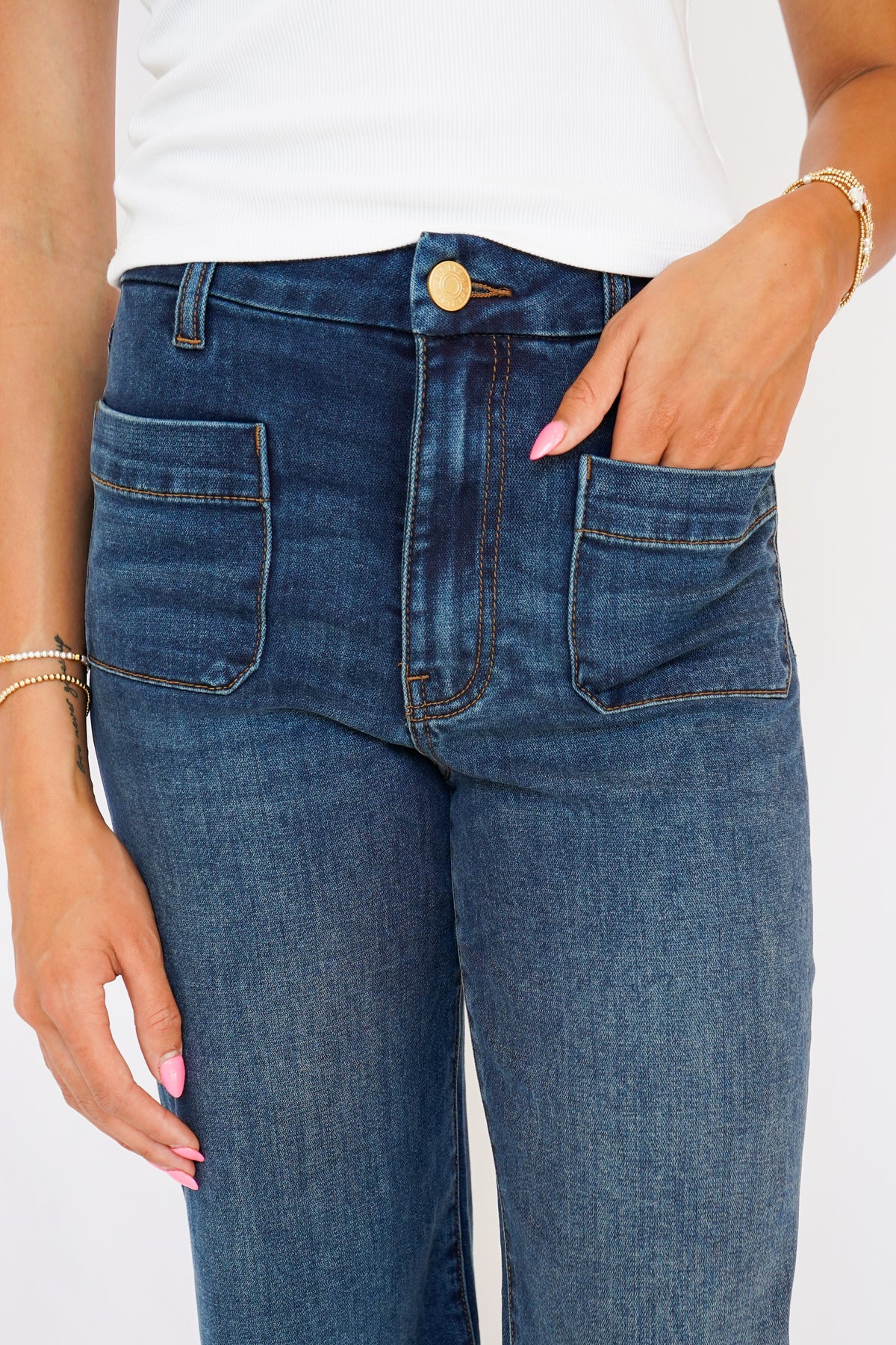 KUT Meg High Rise Wide Leg Front Pockets Inset Raw Hem Jeans in Adorably
