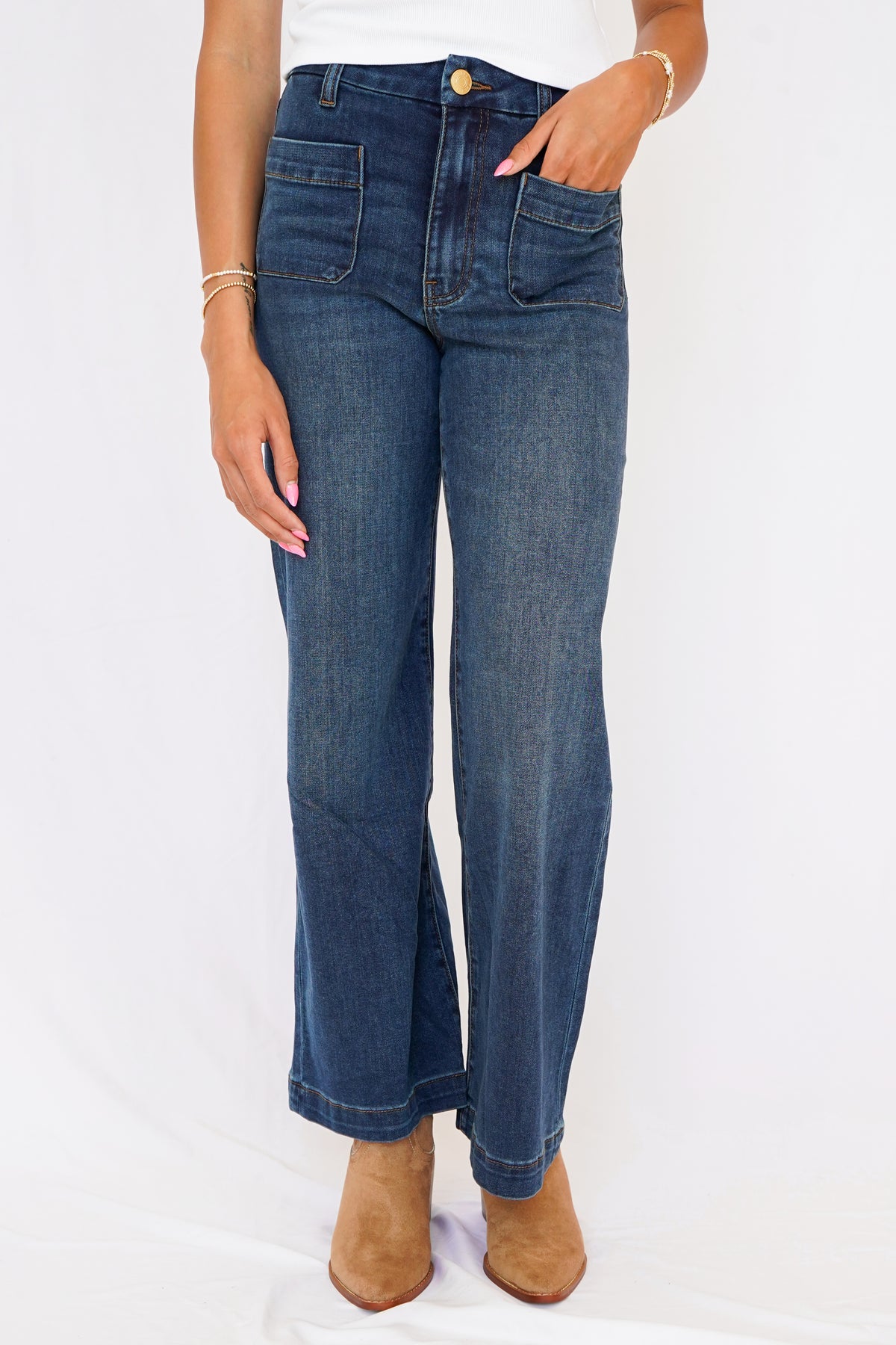 KUT Meg High Rise Wide Leg Front Pockets Inset Raw Hem Jeans in Adorably