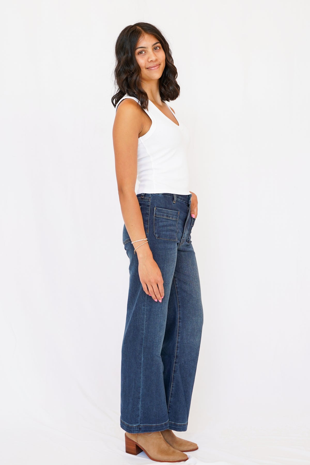 KUT Meg High Rise Wide Leg Front Pockets Inset Raw Hem Jeans in Adorably
