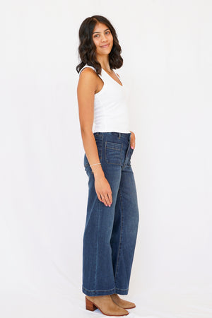 KUT Meg High Rise Wide Leg Front Pockets Inset Raw Hem Jeans in Adorably