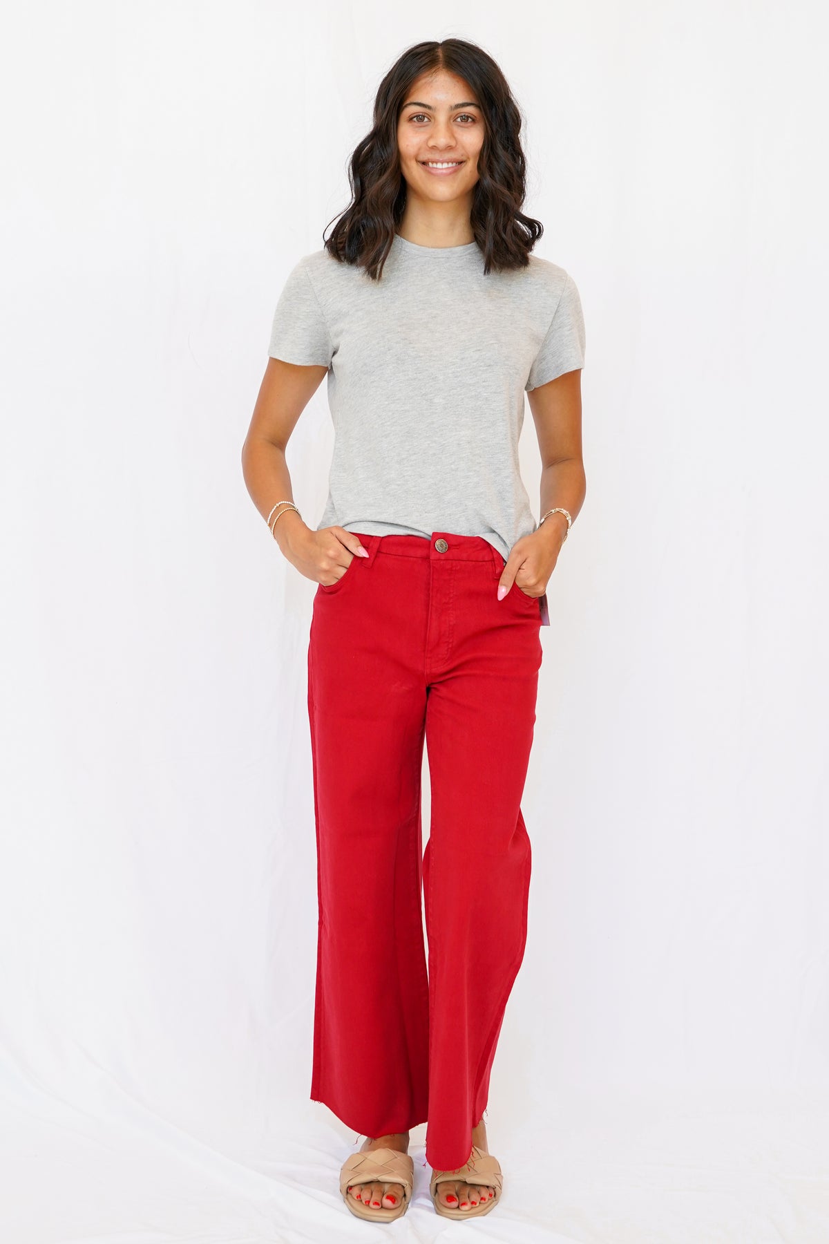 KUT Meg High Rise Fab Ab Wide Leg Raw Hem Jean in Ruby Red