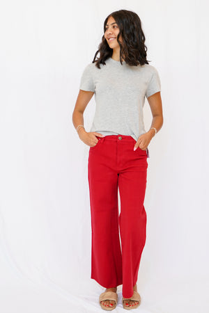 KUT Meg High Rise Fab Ab Wide Leg Raw Hem Jean in Ruby Red