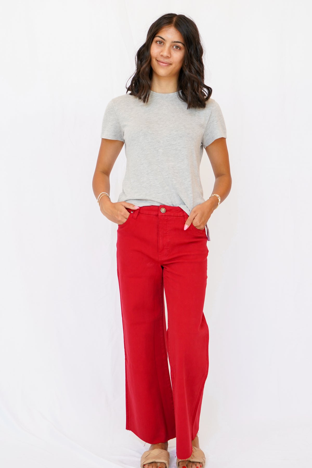 KUT Meg High Rise Fab Ab Wide Leg Raw Hem Jean in Ruby Red