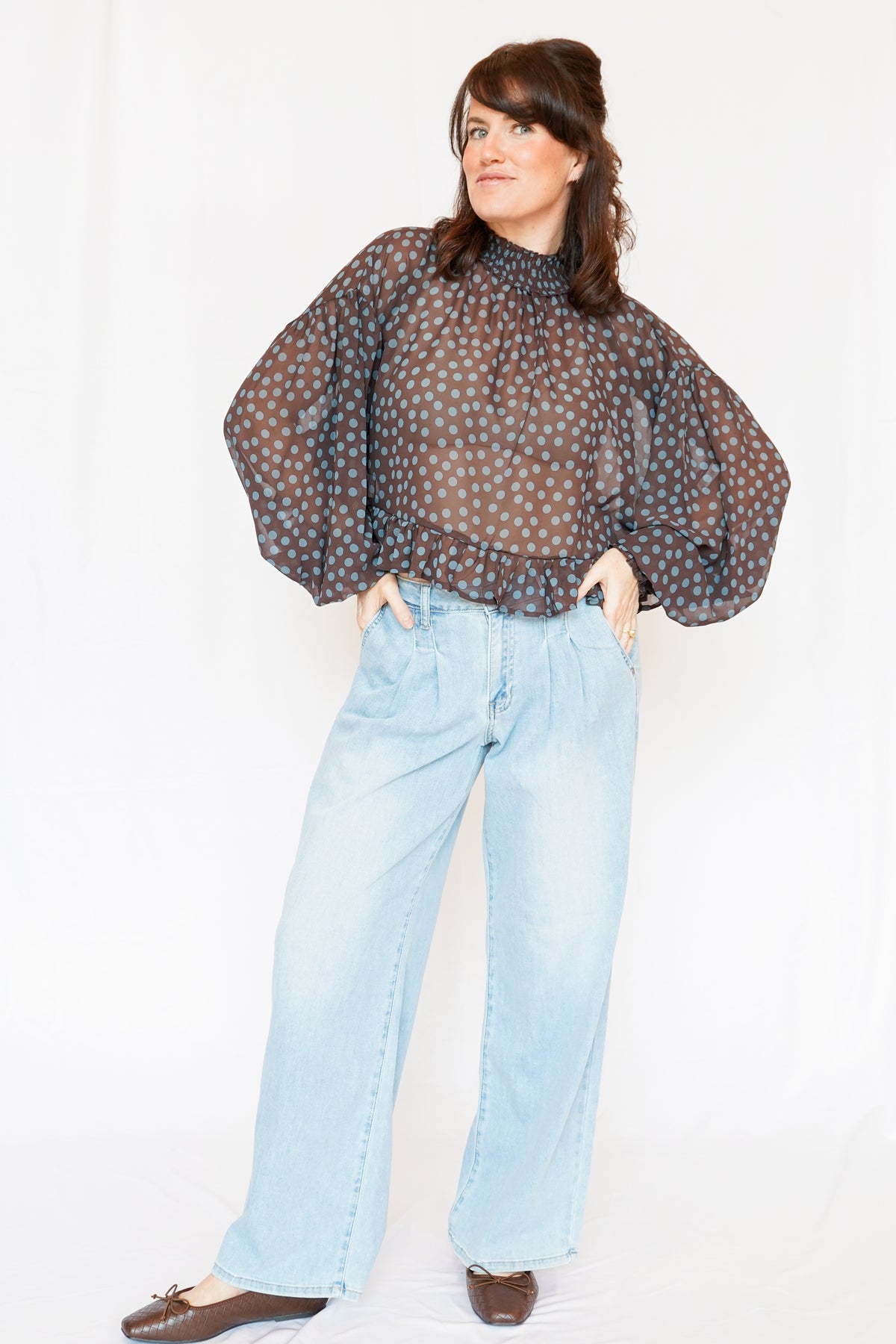 Emmy Polka Dot Sheer Mock Neck Top in Brown