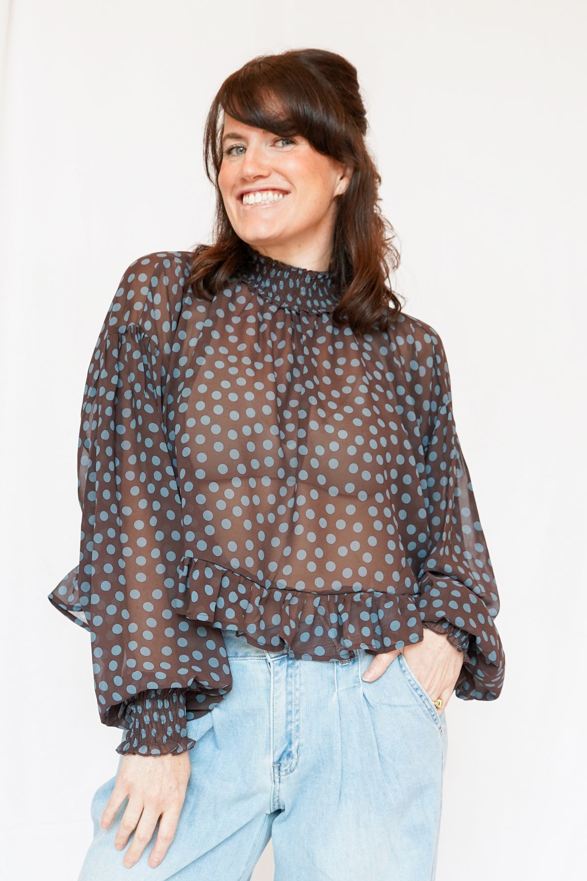 Emmy Polka Dot Sheer Mock Neck Top in Brown