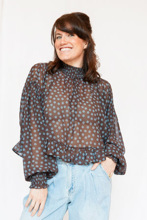 Emmy Polka Dot Sheer Mock Neck Top in Brown