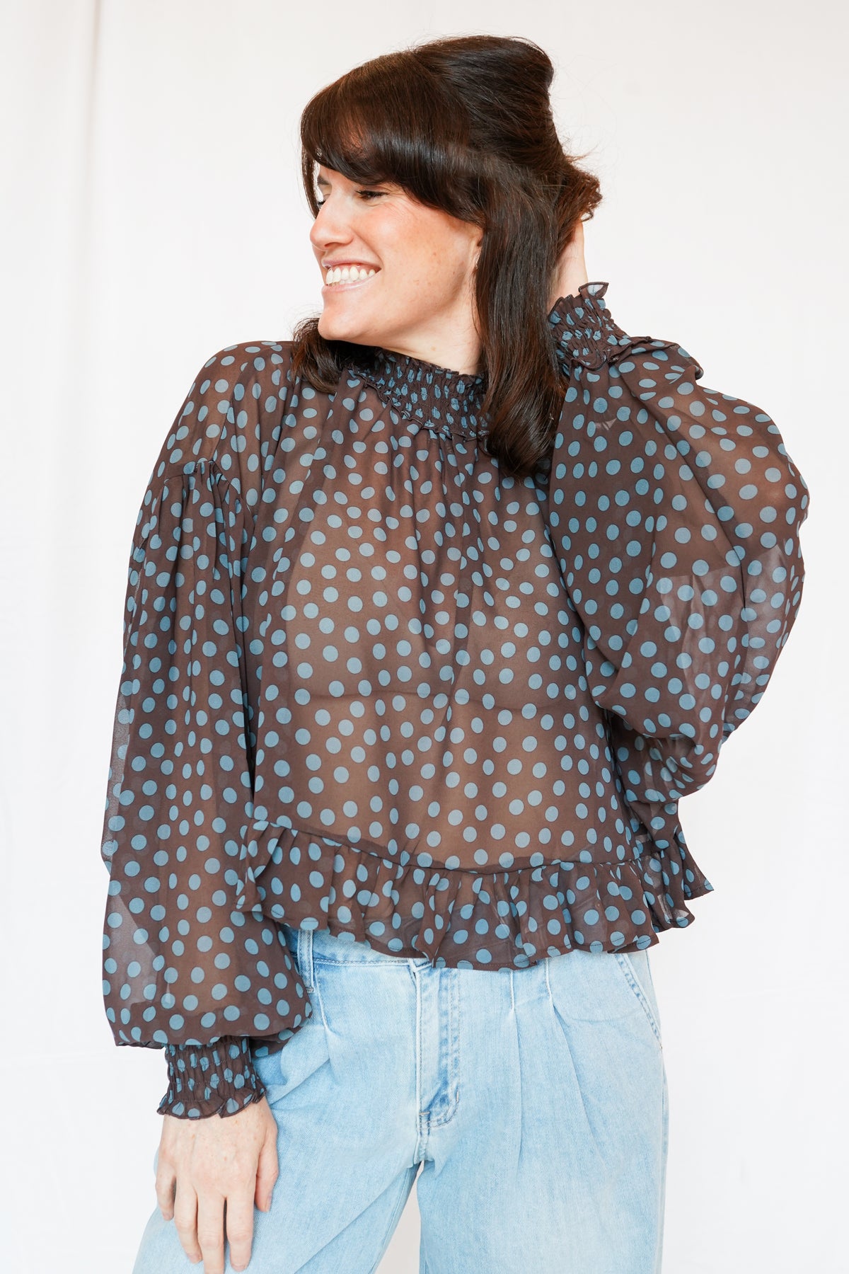 Emmy Polka Dot Sheer Mock Neck Top in Brown