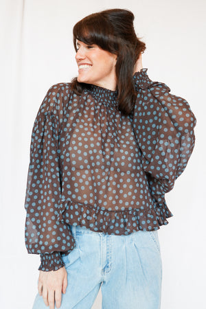 Emmy Polka Dot Sheer Mock Neck Top in Brown