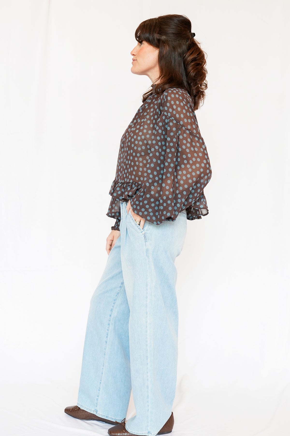 Emmy Polka Dot Sheer Mock Neck Top in Brown