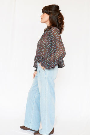 Emmy Polka Dot Sheer Mock Neck Top in Brown