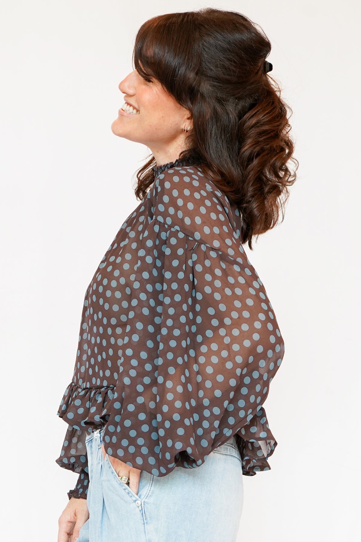 Emmy Polka Dot Sheer Mock Neck Top in Brown