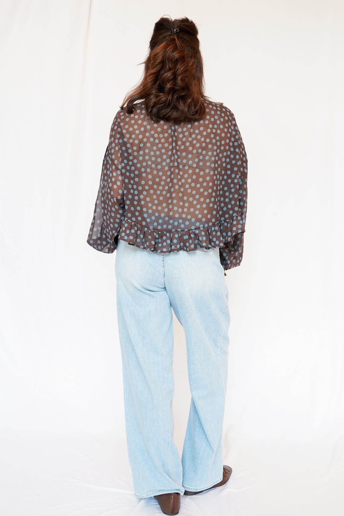 Emmy Polka Dot Sheer Mock Neck Top in Brown