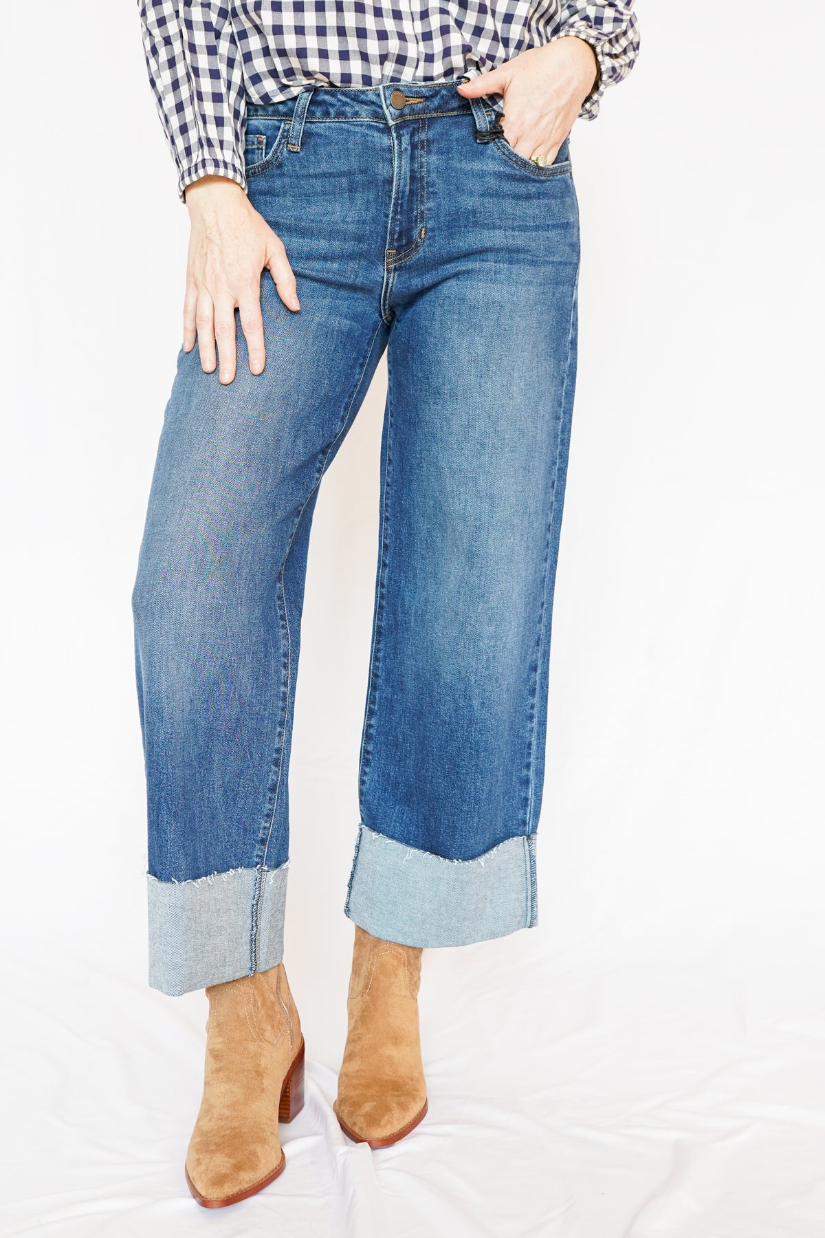 Scissor Cut Cuffed Wide Leg Denim Jeans